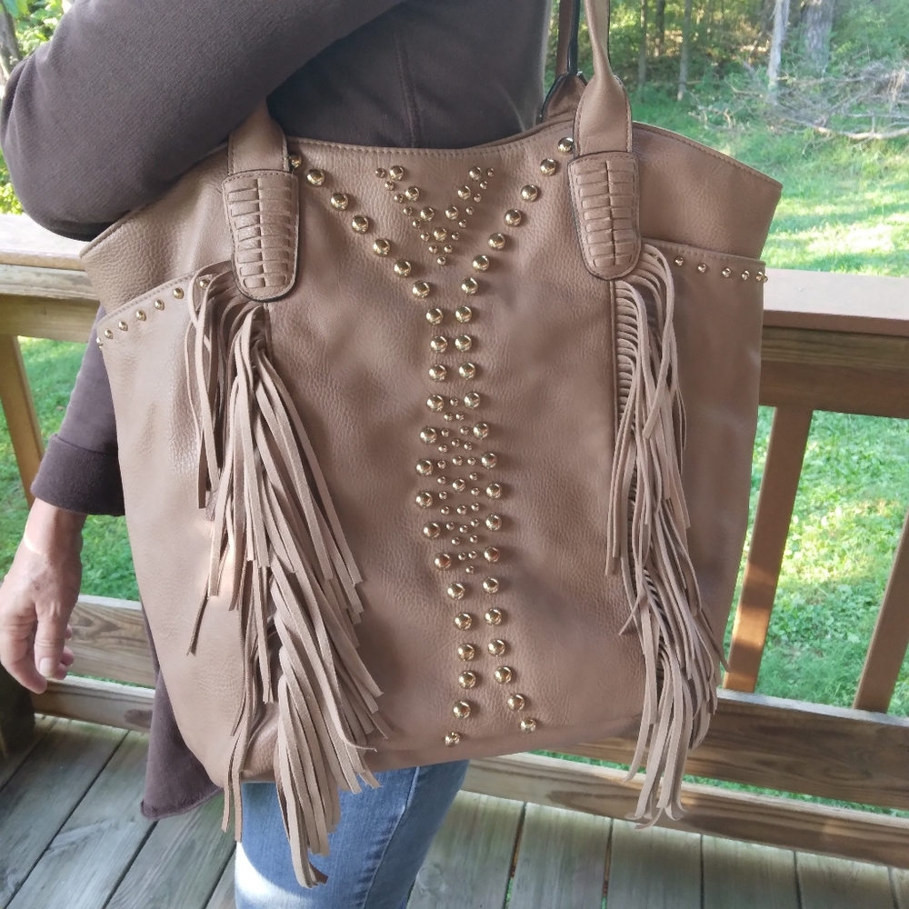 Big Buddha Tan XL Shoulder/Handbag/Tote With Tassels And Gold Bead Trim